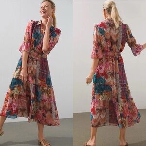 Chico's Tapestry Print Tiered Ruffled Shirt Dress Midi Boho Floral Collared 2.5